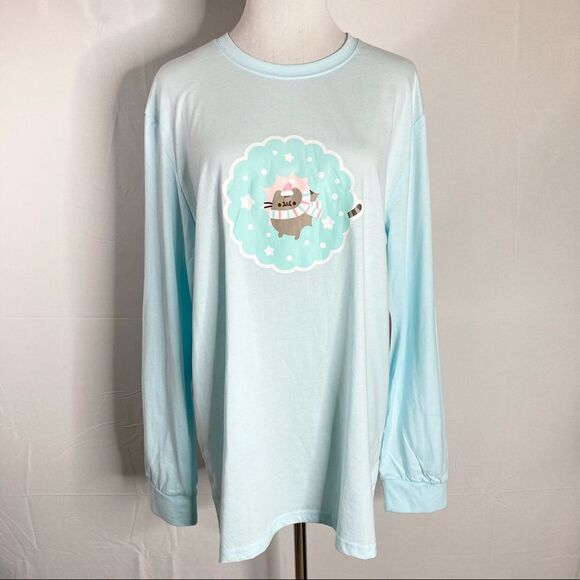 Pusheen Light Blue Holiday Themed Long Sleeve T Shirt Large NWT Winter 2021 Box - Picture 1 of 8